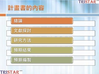 緒論
文獻探討
研究方法
預期結果
預算編製
 