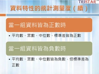 當一組資料皆為正數時
• 平均數、眾數、中位數、標準差皆為正數
當一組資料皆為負數時
• 平均數、眾數、中位數皆為負數，但標準差為
正數
 