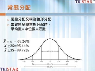  常態分配又稱為鐘形分配
 當資料呈現常態分配時，
平均數=中位數=眾數
 