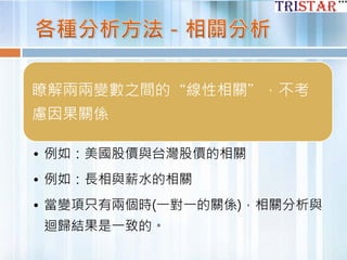 瞭解兩兩變數之間的“線性相關”，不考
慮因果關係
• 例如：美國股價與台灣股價的相關
• 例如：長相與薪水的相關
• 當變項只有兩個時(一對一的關係)，相關分析與
迴歸結果是一致的。
 