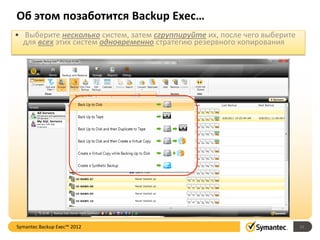 Об этом позаботится Backup Exec…
• Выберите несколько систем, затем сгруппируйте их, после чего выберите
для всех этих систем одновременно стратегию резервного копирования
1616Symantec Backup Exec™ 2012
 