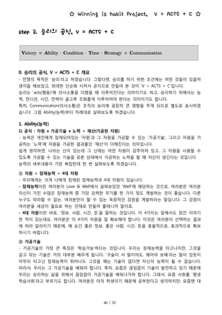☆ Winning is habit Project, V = ACTS + C ☆
․ ․ ․
step 3. 승리의 공식, V = ACTS + C
0. 승리의 공식, V = ACTS + C 개요
- 전쟁의 목적은 ‘승리’라고 하였습니다. 그렇다면, 승리를 하기 위한 조건에는 어떤 것들이 있을까
생각을 해보았고, 최대한 단순화 시켜서 공식으로 만들어 본 것이 ‘V = ACTS + C'입니다.
승리는 'acts(행동)'에 의사소통을 더했을 때 이루어진다는 의미이기도 하고, 승리하기 위해서는 능
력, 컨디션, 시간, 전략이 골고루 조화롭게 이루어져야 한다는 의미이기도 합니다.
특히, Communication(의사소통)은 조직의 승리에 굉장히 큰 영향을 주게 되므로 별도로 표시하였
습니다. 그럼 Ability(능력)부터 차례대로 살펴보도록 하겠습니다.
1. Ability(능력)
1) 공식 : 자원 x 가공기술 x 노력 + 재산(가공된 자원)
- 능력은 개인에게 잠재되어있는 ‘자원’과 그 자원을 가공할 수 있는 ‘가공기술’, 그리고 자원을 가
공하는 ‘노력’에 자원을 가공한 결과물인 ‘재산’이 더해진다는 의미입니다.
쉽게 생각하면, 나라는 산이 있는데 그 산에는 어떤 자원이 감추어져 있고, 그 자원을 사용할 수
있도록 가공할 수 있는 기술을 갖춘 상태에서 가공하는 노력을 할 때 자산이 생긴다는 것입니다.
능력의 세부내용이 가장 복잡한데 한 번 살펴보도록 하겠습니다.
① 자원 = 잠재능력 + 4대 자원
- 우리에게는 크게 나에게 잠재된 잠재능력과 4대 자원이 있습니다.
- 잠재능력이란 여러분이 Love & Well에서 살펴보았던 ‘Well'에 해당하는 것으로, 여러분은 여러분
자신이 가진 수많은 잠재능력 중 가장 강력한 무기를 한 가지 정도 계발하는 것이 좋습니다. 다른
누구도 따라할 수 없는, 여러분만이 할 수 있는 독창적인 강점을 계발하라는 말입니다. 그 강점이
여러분을 세상이 필요로 하는 인재로 만들어 줄테니까 말이죠.
- 4대 자원이란 바로, ‘정보, 사람, 시간, 돈’을 말하는 것입니다. 이 4가지는 앞에서도 잠깐 이야기
한 적이 있는데요. 여러분은 이 4가지 자원을 잘 확보해야 합니다. 이것은 여러분이 선택하는 결과
에 따라 달라지기 때문에, 매 순간 좋은 정보, 좋은 사람, 시간, 돈을 효율적으로, 효과적으로 확보
하시기 바랍니다.
② 가공기술
- 가공기술의 가장 큰 특징은 ‘학습가능’하다는 것입니다. 우리는 잠재능력을 타고나지만, 그것을
갈고 닦는 기술은 거의 대부분 배우게 됩니다. ‘구슬이 서 말이어도, 꿰어야 보배’라는 말이 있듯이
아무리 타고난 잠재능력이 뛰어나도 그것을 꿰는 기술이 없다면 자신의 능력이 될 수 없습니다.
따라서, 우리는 그 가공기술을 배워야 합니다. 특히, 요즘은 끊임없이 기술이 발전하고 있기 때문에
우리는 승리하는 삶을 위해서 끊임없이 가공기술을 배워나가야 합니다. 그래서, 요즘 사회를 ‘평생
학습사회’라고 부르기도 합니다. 여러분은 아직 학생이기 때문에 공부한다고 생각하지만, 요즘엔 대
 