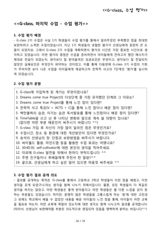 <<G-class, 수업 평가>>
<<G-class, 마지막 수업 - 수업 평가>>
1. 수업 평가 배경
- G-class 2기 수업은 사실 1기 학생들이 수업 평가를 통해서 알려주었던 부족했던 점을 최대한
보완하려고 노력한 수업이었습니다. 지난 1기 학생들의 냉철한 평가가 선생님에게 굉장히 큰 도
움이 되었지요. 그래서 G-class 2기 수업을 계획하면서 평가의 시간은 가장 중요한 시간으로 생
각하고 있었습니다. 이번 평가의 중점은 수업을 준비하면서 아이들에게 전하고자 했던 메시지가
제대로 전달이 되었는지, 생각보다 잘 받아들여진 성공요인은 무엇이고, 생각보다 잘 전달되지
않았던 실패요인은 무엇인지 파악하는 것이었고, 이를 통해 다음번에 G-class 3기 수업의 기회
가 주어지면 보다 나은 수업을 아이들에게 제공하고자 전략적 사고의 7단계인 ‘평가’를 실시하
게 되었습니다.
2. 수업 평가 문항
1. G-class에 가입하게 된 계기는 무엇이었나요?
2. Dreams come true Project의 다섯단계 중 가장 유익했던 단계와 그 이유는?
3. Dreams come true Project를 통해 느낀 점이 있다면?
4. 전략적 사고 특강(V = ACTS + C)을 통해 느낀 점이나 배운 점이 있다면?
5. 백만불짜리 습관, 이기는 습관 독서발표를 통해 느낀점이나 배운 점이 있다면?
6. TimeTable을 쓰고 난 후 나타난 변화와 앞으로 계속 쓸 의향이 있나요?
(없다면 어떤 부분 때문인지 써주시기 바랍니다 ^^)
7. G-class 가입 후 자신이 가장 많이 달라진 점은 무엇인가요?
8. 수업시간, 장소 등 환경에 대한 개선방안이 있다면 무엇인가요?
9. 송석리 선생님의 장․ 단점과 보완방법을 써주시기 바랍니다.
10. 싸이월드 활용, 마인드맵 등을 활용한 수업 효과는 어땠나요?
11. 30:40:30, self-cultivator에 대한 본인의 생각을 적어주세요.
12. 이외에 G-class 발전을 위해서 한마디 부탁드립니다 ^^
13. 주변 친구들이나 후배들에게 추천사 한 말씀!!^^
14. 끝으로, 선생님에게 하고 싶은 말이 있으면 마음껏 써주세요 ^^
3. 수업 평가 결과 공개 의도
- 결과를 공개하는 목적은 ‘G-class를 통해서 고등학교 1학년 학생들이 이런 점을 배웠고, 이런
생각을 갖게 되었구나’라는 생각을 함께 나누기 위해서입니다. 물론, 모든 학생들이 다 똑같은
생각을 하지는 않았고, 어떤 학생들은 좋게 받아들이고 어떤 학생들은 별 다른 느낌을 갖지 못
하는 부분들도 있었습니다. 하지만, 분명히 많은 학생들을 고통스럽게 하는 ‘꿈’에 대한 고민과
그 외에도 학교에서 배울 수 없었던 내용을 배운 아이들의 느낀 점을 통해, 아이들이 어떤 교육
을 필요로 하는지, 어떤 교육에 목말라 있는지에 대한 생각도 함께 나누고자 결과를 공개합니다.
(따라서, 선생님이 보완해야할 부분은 의도적으로 편집되어 있음을 명백하게 밝히는 바입니다^^)
 