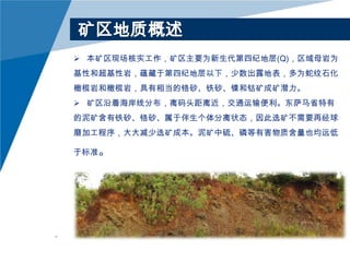 矿区地质概述
 本矿区现场核实工作，矿区主要为新生代第四纪地层(Q)，区域母岩为
基性和超基性岩，蕴藏于第四纪地层以下，少数出露地表，多为蛇纹石化
橄榄岩和橄榄岩，具有相当的铬砂、铁砂、镍和钴矿成矿潜力。
 矿区沿着海岸线分布，离码头距离近，交通运输便利。东萨马省特有

的泥矿含有铁砂、铬砂、属于伴生个体分离状态，因此选矿不需要再经球
磨加工程序，大大减少选矿成本。泥矿中硫、磷等有害物质含量也均远低
于标准。

 