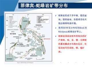 菲律宾-蛇绿岩矿带分布
 蛇绿岩形成于洋中脊、弧后盆

地、弧前盆地、岛弧或活动大
陆边缘等构造环境。
 我司007矿区分布在东Bicol-东
Mindanao蛇绿岩矿带上。
 蛇绿岩深成岩浆作用有关的矿
产是铬、铂、金、镍；当喷射
的富金属卤水与海水反应，在
低洼地可形成铁、铜、锰矿
床。

 