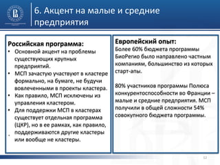 6.	
  Акцент	
  на	
  малые	
  и	
  средние	
  
предприятия	
  
	
  
Европейский	
  опыт:	
  
Российская	
  программа:	
  
Более	
  60%	
  бюджета	
  программы	
  
	
  
•  Основной	
  акцент	
  на	
  проблемы	
  
БиоРегио	
  было	
  направлено	
  частным	
  
существующих	
  крупных	
  
	
   предприятий.	
  	
  
компаниям,	
  большинство	
  из	
  которых	
  
•  МСП	
  зачастую	
  участвуют	
  в	
  кластере	
   старт-­‐апы.	
  	
  
	
  
	
  
формально,	
  на	
  бумаге,	
  не	
  будучи	
  
	
  	
   вовлеченными	
  в	
  проекты	
  кластера.	
   80%	
  участников	
  программы	
  Полюса	
  
•  Как	
  правило,	
  МСП	
  исключены	
  из	
  
	
  
	
   управления	
  кластером.	
  
•  Для	
  поддержки	
  МСП	
  в	
  кластерах	
  
	
   существует	
  отдельная	
  программа	
  
	
   (ЦКР),	
  но	
  в	
  ее	
  рамках,	
  как	
  правило,	
  
.	
   поддерживаются	
  другие	
  кластеры	
  
или	
  вообще	
  не	
  кластеры.	
  

конкурентоспособности	
  во	
  Франции	
  –	
  
малые	
  и	
  средние	
  предприятия.	
  МСП	
  
получили	
  в	
  общей	
  сложности	
  54%	
  
совокупного	
  бюджета	
  программы.	
  

	
  

12	
  

 