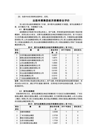 [1]　包括中央在京新闻出版单位，后同。

出版传媒集团经济规模综合评价
列入统计的出版传媒集团有 118 家，其中图书出版集团 32 家[2]、报刊出版集团 47
家、发行集团 27 家、印刷集团 12 家。
4.1　图书出版集团
选取集团合并报表中的主营业务收入、资产总额、所有者权益和利润总额 4 项经济规
模指标，采用主成分分析法，对图书出版集团的总体经济规模进行综合评价。前 10 位依次
为江苏凤凰出版传媒集团有限公司、
湖南出版投资控股集团有限公司、
中国教育出版传媒集
团有限公司、
山东出版集团有限公司、
安徽出版集团有限责任公司、
浙江出版联合集团有限公
司、
江西省出版集团公司、
河北出版传媒集团有限责任公司、
中国出版集团公司和广东省出版
集团有限公司。
表 22　图书出版集团总体经济规模综合排名（前 10 位）
2011 年排名
综合
集　　　团
综合评价
排名变化
排名
1
2
3
4
5
6
7
8
9
10

得
江苏凤凰出版传媒集团有限公司
湖南出版投资控股集团有限公司
中国教育出版传媒集团有限公司
山东出版集团有限公司
安徽出版集团有限责任公司
浙江出版联合集团有限公司
江西省出版集团公司
河北出版传媒集团有限责任公司
中国出版集团公司
广东省出版集团有限公司

分

3.4097
1.9874
1.4279
1.0869
0.9562
0.8596
0.8185
0.5898
0.5310
0.2898

1
2
3
7
4
5
6
10
8
9

0
0
0
3
-1
-1
-1
2
-1
-1

说明：综合评价得分系选取主营业务收入、
资产总额、
所有者权益和利润总额四项指标，采
用主成分分析方法，通过 SPSS 直接计算所得，仅用来显示各单位的相对位置，负分不代
表消极评价。
4.2　报刊出版集团
采取同样评价方法，报刊出版集团总体经济规模的前 10 名依次为成都传媒集团、广州日
报报业集团、
解放日报报业集团、
北京日报报业集团、
文汇新民联合报业集团、
山东大众报业
（集团）有限公司、
浙江日报报业集团、
南方报业传媒集团、
河南日报报业集团有限公司和杭
州日报报业集团有限公司。
表 23　报刊出版集团总体经济规模综合排名（前 10 位）
综合
集　　　　团
排名
1
成都传媒集团
2
3
4
5

广州日报报业集团
解放日报报业集团
北京日报报业集团
文汇新民联合报业集团

综合评价得
分
3.8398

2011 年排名

排名变化

1

0

2.3738
2.1104
1.7759
1.3267

2
3
4
6

0
0
0
1

 