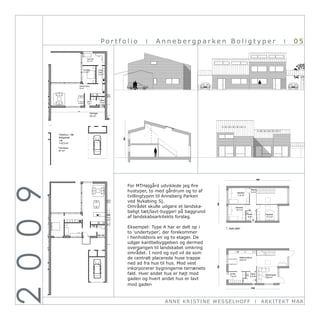 Portfolio                            I            Annebergparken Boligtyper                                                             I         05




                                                                                                                                                   Hustype A2                             Hustype
                                                                                                                                              facade mod gaden                       facade mod ga




                                                                                                Alternativ
                                                                                                garage




                                                                                                                     Hustype A2          Hustype A2
                                                                                                             facade mod landskab facade mod landskab

                                                     For MTHøjgård udviklede jeg fire
2 0 0 9



                                                     hustyper, to med gårdrum og to af                                        Værelse
                                                                                                                                             Repos
                                                                                                                                             5,3 m²

                                                     tvillingtypen til Anneberg Parken                                        11,6 m²


                                                     ved Nykøbing Sj.
                                                     Området skulle udgøre et landska-                                    Værelse

                                                     beligt tæt/lavt-byggeri på baggrund
                                                                                                                          12,1 m²

                                                                                                                                        Toilet              Værelse
                                                     af landskabsarkitekts forslag.                                                      4 m²               17,2 m²




                                                     Eksempel: Type A har er delt op i                            1. sals plan
      Alternativ   Alternativ
                                                     to ’undertyper’, der forekommer                              Brutto boligareal
      garage       garage                                                                                         62,5 m²
                                                     i henholdsvis en og to etager. De
                                                     udgør kantbebyggelsen og dermed
                                                     overgangen til landskabet omkring
                                                     området. I nord og syd vil de som
                                                     de centralt placerede huse trappe                                          Køkken/alrum
                                                                                                                                23,8 m²
                                                     ned ad fra hus til hus. Mod vest
                                                     inkorporerer bygningerne terrænets
                                                     fald. Hver andet hus er højt mod                                Entre
                                                                                                                     7,2 m²
                                                                                                                                           Toilet           Stue/trappe
                                                                                                                                           5,2 m²
                                          Repos      gaden og hvert andet hus er lavt
                                                                   Repos
                                                                                                                                                            33,8 m²

                            Værelse       5,3 m²           Værelse 5,3 m²
                            11,6 m²                  mod gaden
                                                           11,6 m²
                                                                                                                                             Stue                                   Stue
                                                                                                                                             18,4 m²                                18,4 m²


                          Værelse                            Værelse                                                               Værelse                                Værelse
                                                                                                                  Stueplan
                                                                                     ANN E KRI ST I NE WE SSE Lboligareal
                                                                                                           Brutto HOFF                                    ARKIm²  TEKT MA A
                          12,1 m²                            12,1 m²                                                               12,1 m²                                12,1 m²

                                      Toilet       Værelse                 Toilet     Værelse
                                                                                                                                                 I
                                                                                                                                                 Toilet
                                                                                                                                                            Værelse
                                                                                                                                                            17,2        Toilet
                                                                                                                                                                                               Værelse
                                                                                                                                                                                               17,2 m²
                                       4 m²        17,2 m²                  4 m²      17,2 m²                     87,5 m²                         4 m²                                  4 m²



                                                                                                                  Boligareal i alt
                   1. sals plan                      1. sals plan                                                 Brutto 150 m²
 