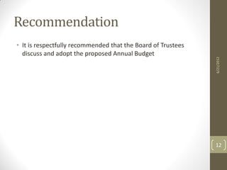 Recommendation
• It is respectfully recommended that the Board of Trustees
  discuss and adopt the proposed Annual Budget




                                                              6/21/2012
                                                              12
 