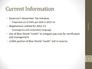Current Information
• Governor’s November Tax Initiative
  • Projected cut of $441 per ADA in 2013-14




                                                                      6/21/2012
• Negotiations settled for 2012-13
  • Contingency and restoration language
• Use of Blue Shield “credit” to mitigate pay cuts for certificated
  and management
• LIUNA portion of Blue Shield “credit” still in reserve




                                                                        4
 