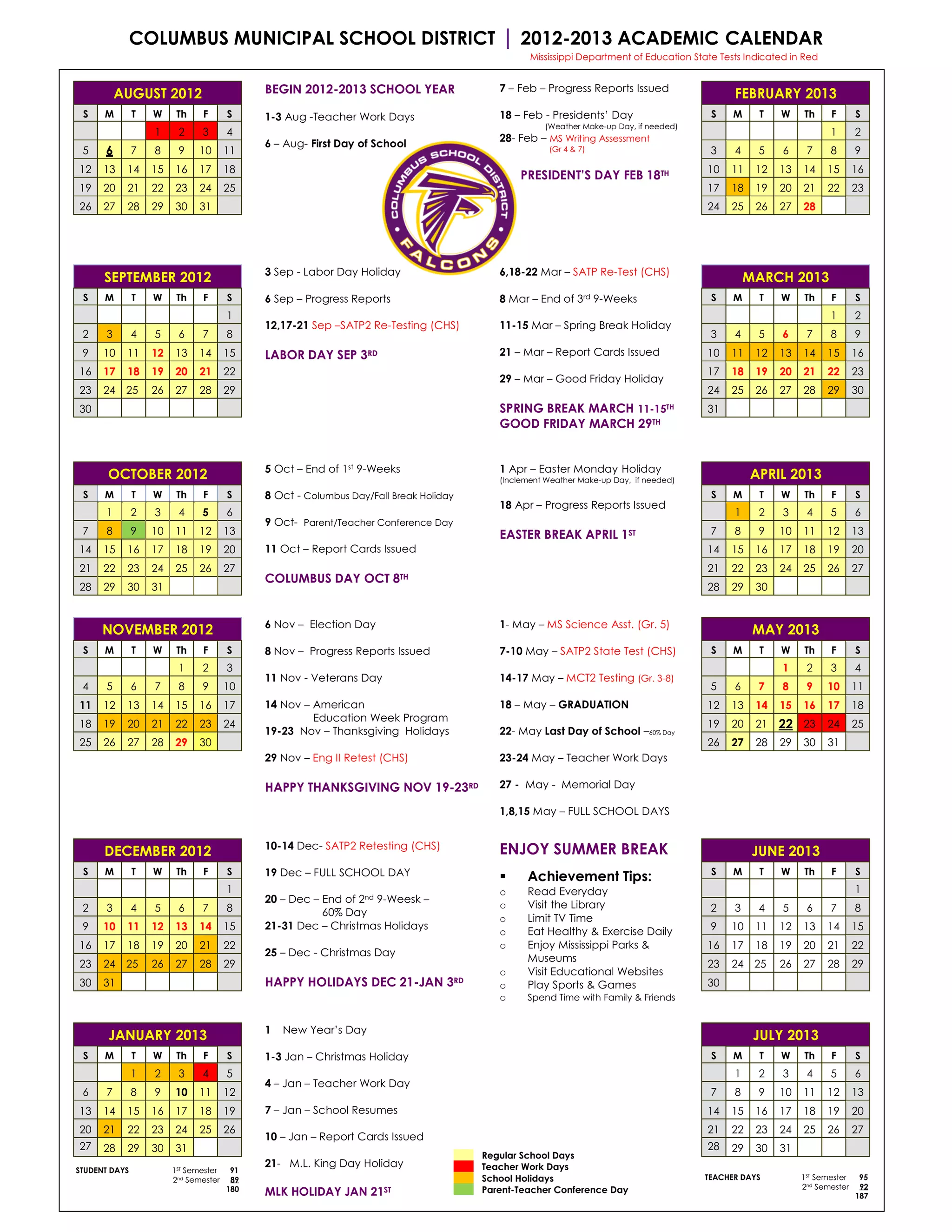 2012 13 School Calendar CMSD - Revised | PDF