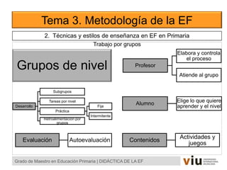 Trabajo por grupos
Tema 3. Metodología de la EF
Grado de Maestro en Educación Primaria | DIDÁCTICA DE LA EF
Grupos de nivel
Alumno
Elige lo que quiere
aprender y el nivel
Profesor
Elabora y controla
el proceso
Atiende al grupo
Desarrollo
Subgrupos
Tareas por nivel
Práctica
Fija
Intermitente
Retroalimentación por
grupos
2. Técnicas y estilos de enseñanza en EF en Primaria
Contenidos
Actividades y
juegos
Evaluación Autoevaluación
 
