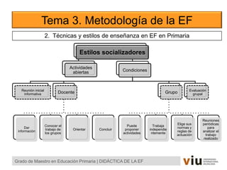 Tema 3. Metodología de la EF
Grado de Maestro en Educación Primaria | DIDÁCTICA DE LA EF
2. Técnicas y estilos de enseñanza en EF en Primaria
Estilos socializadores
Actividades
abiertas Condiciones
Reunión inicial
informativa Docente
Dar
información
Conocer el
trabajo de
los grupos
Orientar Concluir
Grupo
Puede
proponer
actividades
Trabaja
independie
ntemente
Elige sus
normas y
reglas de
actuación
Reuniones
periódicas
para
analizar el
trabajo
realizado
Evaluación
grupal
 