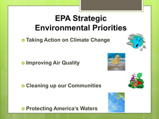 EPA Strategic
     Environmental Priorities
 Taking   Action on Climate Change



 Improving Air   Quality



 Cleaning   up our Communities



 Protecting   America’s Waters
 