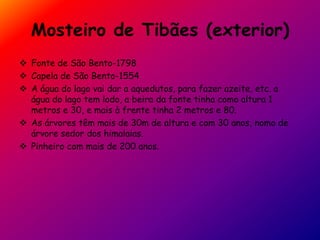 Mosteiro de Tibães (exterior)
 Fonte de São Bento-1798
 Capela de São Bento-1554
 A água do lago vai dar a aquedutos, para fazer azeite, etc. a
água do lago tem lodo, a beira da fonte tinha como altura 1
metros e 30, e mais à frente tinha 2 metros e 80.
 As árvores têm mais de 30m de altura e com 30 anos, nomo de
árvore sedor dos himalaias.
 Pinheiro com mais de 200 anos.
 