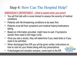 Step 4: How Can The Hospital Help?
EMERGENCY DEPARTMENT – What to expect when you come?
• You will first talk with a nurse trained to assess the severity of medical
  conditions
• Patients with life-threatening conditions to be seen first.
• Patients must tell their symptoms and medical history/medications
  taking.
• Based on information provided, might have to wait. If symptoms
  worsen then need to tell triage nurse.
• Once you see a doctor, they will determine if you need tests or if you
  need to be admitted.
• When discharged from ER you will be given written instructions on
  how to care for your illness along with any prescriptions.
• If discharged and situation worsens, come back to the ER.
 