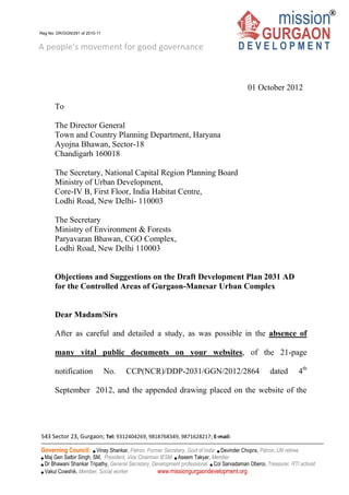 2012.10.01 mgd objection letter gmuc ddp 2031 to dgtcp haryana secy mo ef and ncrpb