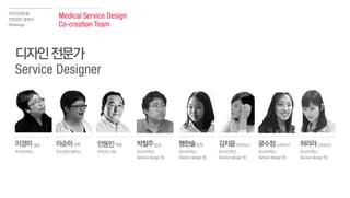Medical Service Design
Co-creation Team
국민건강보험
건강검진 결과서
Redesign
디자인전문가
Service Designerㄷㄱ
이경미대표
주)사이픽스
이순미대표
주)브랜드에이드
안동민대표
주)인터그람
팽한솔팀장
주)사이픽스
Service design 팀
박철주팀장
주)사이픽스
Service design 팀
윤수정디자이너
주)사이픽스
Service design 팀
허리라디자이너
주)사이픽스
Service design 팀
김지윤디자이너
주)사이픽스
Service design 팀
 
