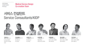 국민건강보험
건강검진 결과서
Redesign
김미소Ph.D
Carnegi Mellon
School of Design
USA
김성희매니저
SK telecom
HCI team
서승교매니저
SK telecom
HCI team
이은종교수
한동대학교
산업디자인 공학부
이동현팀장
한국 디자인 진흥원
정책 개발 팀
윤성원과장
한국 디자인 진흥원
정책 개발 팀
김진우과장
한국 디자인 진흥원
정책 개발 팀
Medical Service Design
Co-creation Team
서비스컨설턴트
Service Consaultants/KIDPㄷㄱ
 