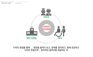 의료진
병원 경영진 환자
디자인 방법을 통해 _ 현장을 들여다 보고, 문제를 정의하고, 함께 공감하고
디자인 방법으로 _ 창의적인 솔루션을 제공하는 것
SERVICE
DESIGNER
의료 서비스 디자인 Background
 