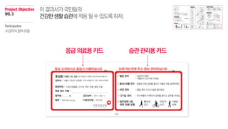응급의료용카드 습관관리용카드
Project Objective
NO.3
이결과서가국민들의
건강한생활습관에적용될수있도록하자.
Participation
수검자의참여유발
 