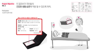 Project Objective
NO.3
이결과서가국민들의
건강한생활습관에적용될수있도록하자.
Participation
수검자의참여유발
 
