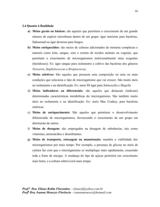 16
Prof.a
Dra. Eliane Rolim Florentino – elianerf@yahoo.com.br
Profa
Dra. Isanna Menezes Florêncio – isannamenezes@hotmail.com
2.4 Quanto à finalidade
a) Meios gerais ou básicos: são aqueles que permitem o crescimento de um grande
número de espécie microbiana dentro de um grupo: ágar nutriente para bactérias,
Sabouraud ou ágar dextrose para fungos.
b) Meios enriquecidos: são meios de culturas adicionados de misturas complexas e
naturais como leite, sangue, soro e extrato de tecidos animais ou vegetais, que
permitem o crescimento de microrganismos nutricionalmente mais exigentes
(fastidiosos). Ex: ágar sangue para isolamento e cultivo das bactérias dos gêneros
Neisseria, Staphylococcus e Streptococcus.
c) Meios seletivos: São aqueles que possuem uma composição ou uma ou mais
condições que seleciona o tipo de microrganismo que vai crescer. São muito úteis
no isolamento e na identificação. Ex: meio SS ágar para Salmonella e Shigella.
d) Meios indicadores ou diferenciais: são aqueles que destacam (indicam)
determinadas características metabólicas do microrganismo. São também muito
úteis no isolamento e na identificação. Ex: meio Mac Conkey, para bactérias
entéricas.
e) Meios de enriquecimento: São aqueles que permitem o desenvolvimento
diferenciado de microrganismos, favorecendo o crescimento de um grupo em
detrimento de outros.
f) Meios de dosagem: são empregados na dosagem de substâncias, tais como
vitaminas, aminoácidos e desinfetantes.
g) Meios de transporte, estocagem ou manutenção: mantêm a viabilidade dos
microrganismos por mais tempo. Por exemplo, a presença de glicose no meio de
cultura faz com que o microrganismo se multiplique mais rapidamente, exaurindo
toda a fonte de energia. A mudança do tipo de açúcar permitirá um crescimento
mais lento, e a cultura sobreviverá mais tempo.
 