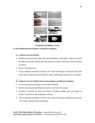 30
Prof.a
Dra. Eliane Rolim Florentino – elianerf@yahoo.com.br
Profa
Dra. Isanna Menezes Florêncio – isannamenezes@hotmail.com
Preparação de lâmina a fresco
5.1 Procedimentos para preparo e fixação de esfregaço
a) Culturas em meio líquido
 Retirar uma gotícula da cultura com alça de platina esterilizada e colocar no centro
da lâmina, tomando cuidado para não atingir as bordas. Esterilizar a alça de platina
na chama.
 Secar o esfregaço ao ar.
 Fixar o esfregaço passando a lâmina, com o lado do esfregaço virado para cima, três
vezes sobre a chama do bico de Bunsen. Após resfriamento, procede-se à coloração.
b) Culturas em meio sólido Colocar uma gotícula esterilizada na lâmina.
 Colocar uma gotícula de água esterilizada na lâmina;
 Retirar uma pequena quantidade da cultura e misturar com á água;
 Espalhar o material no centro da lâmina, tomando cuidado para não atingir as
bordas. Esterilizar a alça de platina na chama.
 Fixar o esfregaço passando a lâmina, com o lado do esfregaço virado para cima, três
vezes sobre a chama do bico de Bunsen.
 