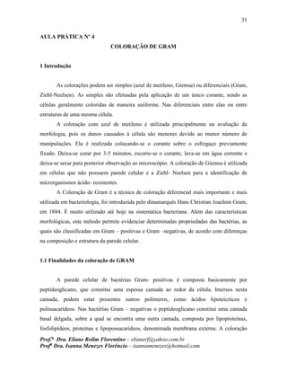 31
Prof.a
Dra. Eliane Rolim Florentino – elianerf@yahoo.com.br
Profa
Dra. Isanna Menezes Florêncio – isannamenezes@hotmail.com
AULA PRÁTICA Nº 4
COLORAÇÃO DE GRAM
1 Introdução
As colorações podem ser simples (azul de metileno, Giemsa) ou diferenciais (Gram,
Ziehl-Neelsen). As simples são efetuadas pela aplicação de um único corante, sendo as
células geralmente coloridas de maneira uniforme. Nas diferenciais entre elas ou entre
estruturas de uma mesma célula.
A coloração com azul de metileno é utilizada principalmente na avaliação da
morfologia, pois os danos causados à célula são menores devido ao menor número de
manipulações. Ela é realizada colocando-se o corante sobre o esfregaço previamente
fixado. Deixa-se corar por 3-5 minutos, escorre-se o corante, lava-se em água corrente e
deixa-se secar para posterior observação ao microscópio. A coloração de Giemsa é utilizada
em células que não possuem parede celular e a Ziehl- Neelsen para a identificação de
microrganismos ácido- resistentes.
A Coloração de Gram é a técnica de coloração diferencial mais importante e mais
utilizada em bacteriologia, foi introduzida pelo dinamarquês Hans Christian Joachim Gram,
em 1884. É muito utilizado até hoje na sistemática bacteriana. Além das características
morfológicas, este método permite evidenciar determinadas propriedades das bactérias, as
quais são classificadas em Gram – positivas e Gram –negativas, de acordo com diferenças
na composição e estrutura da parede celular.
1.1 Finalidades da coloração de GRAM
A parede celular de bactérias Gram- positivas é composta basicamente por
peptídeoglicano, que constitui uma espessa camada ao redor da célula. Imersos nesta
camada, podem estar presentes outros polímeros, como ácidos lipoteicóicos e
polissacarídeos. Nas bactérias Gram – negativas o peptideoglicano constitui uma camada
basal delgada, sobre a qual se encontra uma outra camada, composta por lipoproteínas,
fosfolipídeos, proteínas e lipopossacarídeos, denominada membrana externa. A coloração
 