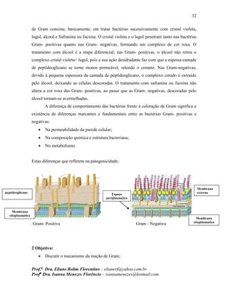 32
Prof.a
Dra. Eliane Rolim Florentino – elianerf@yahoo.com.br
Profa
Dra. Isanna Menezes Florêncio – isannamenezes@hotmail.com
de Gram consiste, basicamente, em tratar bactérias sucessivamente com cristal violeta,
lugol, álcool e Safranina ou fucsina. O cristal violeta e o lugol penetram tanto nas bactérias
Gram- positivas quanto nas Gram- negativas, formando um complexo de cor roxa. O
tratamento com álcool é a etapa diferencial; nas Gram- positivas, o álcool não retira o
complexo cristal violeta+ lugol, pois a sua ação desidradante faz com que a espessa camada
de peptídeoglicano se torne menos permeável, retendo o corante. Nas Gram-negativas,
devido à pequena espessura da camada de peptídeoglicano, o complexo corado é extraído
pelo álcool, deixando as células descoradas. O tratamento com safranina ou fucsina não
altera a cor roxa das Gram- positivas, ao passo que as Gram- negativas, descoradas pelo
álcool tornam-se avermelhadas.
A diferença de comportamento das bactérias frente à coloração de Gram significa a
existência de diferenças marcantes e fundamentais entre as bactérias Gram- positivas e
negativas:
 Na permeabilidade da parede celular;
 Na composição química e estrutura bacteriana;
 No metabolismo.
Estas diferenças que refletem na patogenicidade.
Gram- Positiva Gram - Negativa
2 Objetivo:
 Discutir o mecanismo da reação de Gram;
peptídeoglicano
Membrana
citoplasmática
Membrana
citoplásmatica
Membrana
externaEspaço
periplásmatico
 