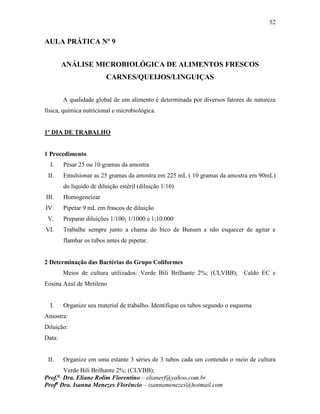 52
Prof.a
Dra. Eliane Rolim Florentino – elianerf@yahoo.com.br
Profa
Dra. Isanna Menezes Florêncio – isannamenezes@hotmail.com
AULA PRÁTICA Nº 9
ANÁLISE MICROBIOLÓGICA DE ALIMENTOS FRESCOS
CARNES/QUEIJOS/LINGUIÇAS
A qualidade global de um alimento é determinada por diversos fatores de natureza
física, química nutricional e microbiológica.
1º DIA DE TRABALHO
1 Procedimento
I. Pesar 25 ou 10 gramas da amostra
II. Emulsionar as 25 gramas da amostra em 225 mL ( 10 gramas da amostra em 90mL)
do liquido de diluição estéril (diluição 1/10)
III. Homogeneizar
IV. Pipetar 9 mL em frascos de diluição
V. Preparar diluições 1/100; 1/1000 e 1;10.000
VI. Trabalhe sempre junto a chama do bico de Bunsen e não esquecer de agitar e
flambar os tubos antes de pipetar.
2 Determinação das Bactérias do Grupo Coliformes
Meios de cultura utilizados: Verde Bili Brilhante 2%; (CLVBB); Caldo EC e
Eosina Azul de Metileno
I. Organize seu material de trabalho. Identifique os tubos segundo o esquema
Amostra:
Diluição:
Data:
II. Organize em uma estante 3 séries de 3 tubos cada um contendo o meio de cultura
Verde Bili Brilhante 2%; (CLVBB);
 