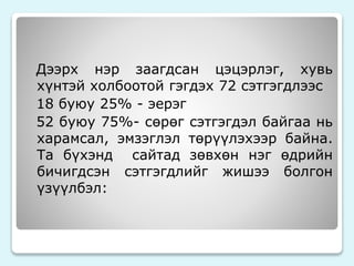 Дээрх нэр заагдсан цэцэрлэг, хувь 
хүнтэй холбоотой гэгдэх 72 сэтгэгдлээс 
18 буюу 25% - эерэг 
52 буюу 75%- сөрөг сэтгэгдэл байгаа нь 
харамсал, эмзэглэл төрүүлэхээр байна. 
Та бүхэнд сайтад зөвхөн нэг өдрийн 
бичигдсэн сэтгэгдлийг жишээ болгон 
үзүүлбэл: 
 