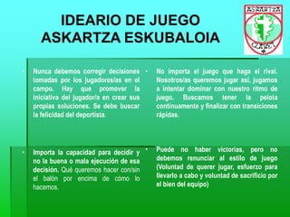 IDEARIO DE JUEGO
ASKARTZA ESKUBALOIA
• Nunca debemos corregir decisiones
tomadas por los jugadores/as en el
campo. Hay que promover la
iniciativa del jugador/a en crear sus
propias soluciones. Se debe buscar
la felicidad del deportista.
• Importa la capacidad para decidir y
no la buena o mala ejecución de esa
decisión. Qué queremos hacer con/sin
el balón por encima de cómo lo
hacemos.
• No importa el juego que haga el rival.
Nosotros/as queremos jugar así, jugamos
a intentar dominar con nuestro ritmo de
juego. Buscamos tener la pelota
continuamente y finalizar con transiciones
rápidas.
• Puede no haber victorias, pero no
debemos renunciar al estilo de juego
(Voluntad de querer jugar, esfuerzo para
llevarlo a cabo y voluntad de sacrificio por
el bien del equipo)
 