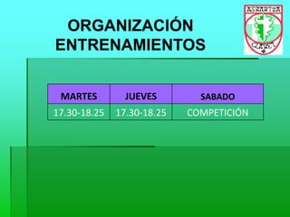 ORGANIZACIÓN
ENTRENAMIENTOS
MARTES JUEVES SABADO
17.30-18.25 17.30-18.25 COMPETICIÓN
 