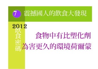 飲
碼
7 震撼國人的飲食大發現
2012
食 食物中有比塑化劑
密
為害更久的環境荷爾蒙
 