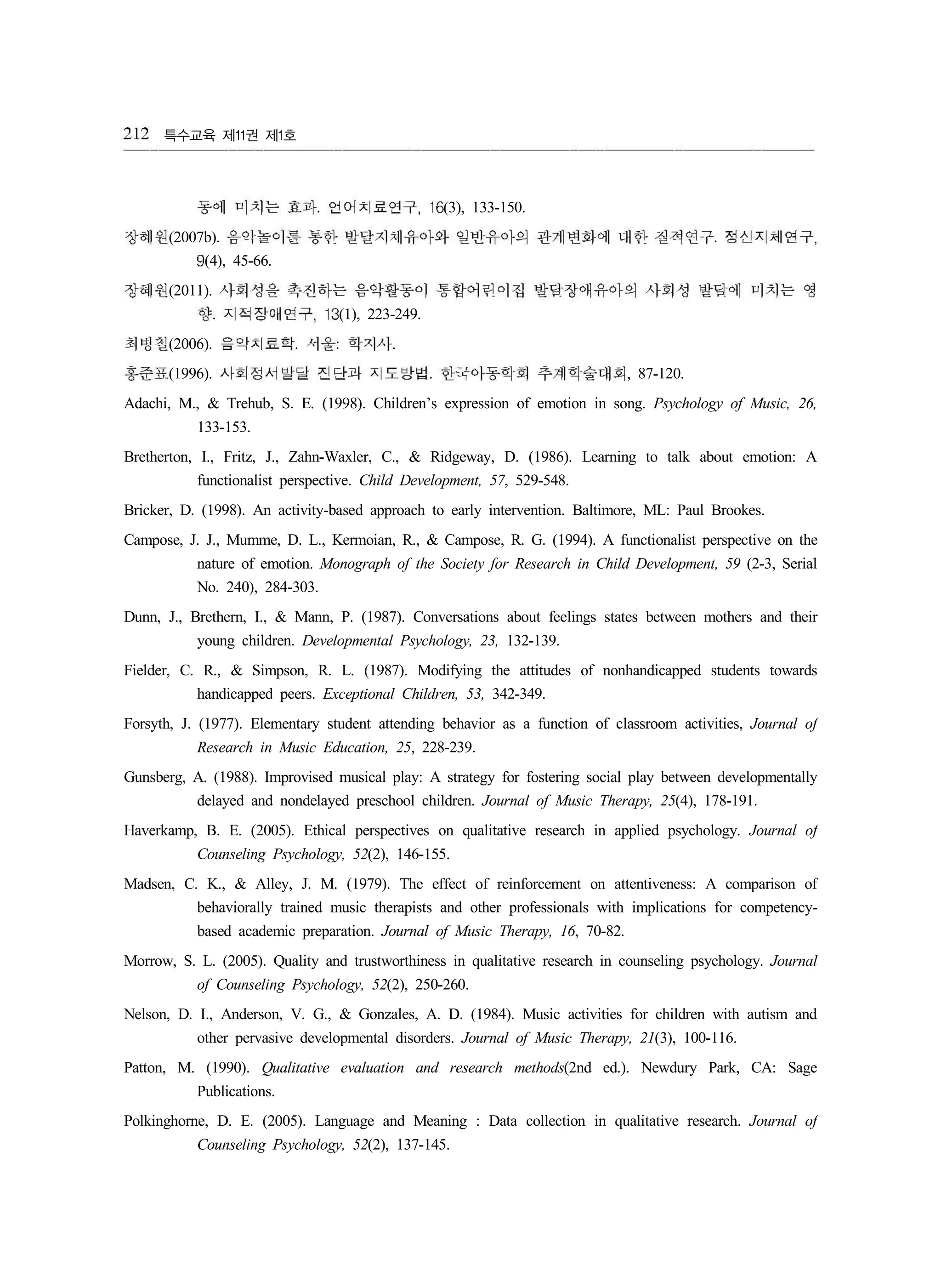 특수교육 제 권 제 호11 1
. (3), 133-150.
(2007b). .
(4), 45-66.
(2011).
. (1), 223-249.
(2006). . : .
(1996). . , 87-120.
Adachi, M., & Trehub, S. E. (1998). Children’s expression of emotion in song. Psychology of Music, 26,
133-153.
Bretherton, I., Fritz, J., Zahn-Waxler, C., & Ridgeway, D. (1986). Learning to talk about emotion: A
functionalist perspective. Child Development, 57, 529-548.
Bricker, D. (1998). An activity-based approach to early intervention. Baltimore, ML: Paul Brookes.
Campose, J. J., Mumme, D. L., Kermoian, R., & Campose, R. G. (1994). A functionalist perspective on the
nature of emotion. Monograph of the Society for Research in Child Development, 59 (2-3, Serial
No. 240), 284-303.
Dunn, J., Brethern, I., & Mann, P. (1987). Conversations about feelings states between mothers and their
young children. Developmental Psychology, 23, 132-139.
Fielder, C. R., & Simpson, R. L. (1987). Modifying the attitudes of nonhandicapped students towards
handicapped peers. Exceptional Children, 53, 342-349.
Forsyth, J. (1977). Elementary student attending behavior as a function of classroom activities, Journal of
Research in Music Education, 25, 228-239.
Gunsberg, A. (1988). Improvised musical play: A strategy for fostering social play between developmentally
delayed and nondelayed preschool children. Journal of Music Therapy, 25(4), 178-191.
Haverkamp, B. E. (2005). Ethical perspectives on qualitative research in applied psychology. Journal of
Counseling Psychology, 52(2), 146-155.
Madsen, C. K., & Alley, J. M. (1979). The effect of reinforcement on attentiveness: A comparison of
behaviorally trained music therapists and other professionals with implications for competency-
based academic preparation. Journal of Music Therapy, 16, 70-82.
Morrow, S. L. (2005). Quality and trustworthiness in qualitative research in counseling psychology. Journal
of Counseling Psychology, 52(2), 250-260.
Nelson, D. I., Anderson, V. G., & Gonzales, A. D. (1984). Music activities for children with autism and
other pervasive developmental disorders. Journal of Music Therapy, 21(3), 100-116.
Patton, M. (1990). Qualitative evaluation and research methods(2nd ed.). Newdury Park, CA: Sage
Publications.
Polkinghorne, D. E. (2005). Language and Meaning : Data collection in qualitative research. Journal of
Counseling Psychology, 52(2), 137-145.
212
통에 미치는 효과 얻어치료연구f • 6
장혀1 원 옴약놀이를 통한 받달지재유아와 일반유아의 관계변화에 내한 질적연구 정신지체연구1
9
장혜원 사희생을 촉진하는 음악환통이 통합어린이집 발딪장애유아의 사희생 말딩에 미치는 영
향 지직장oH 연구， 13
최빙칠 음악치료학 서울 핵지사
홍준표 사회정서발달 진단과 지토앙법 한야아통희회 추계희술대회
 