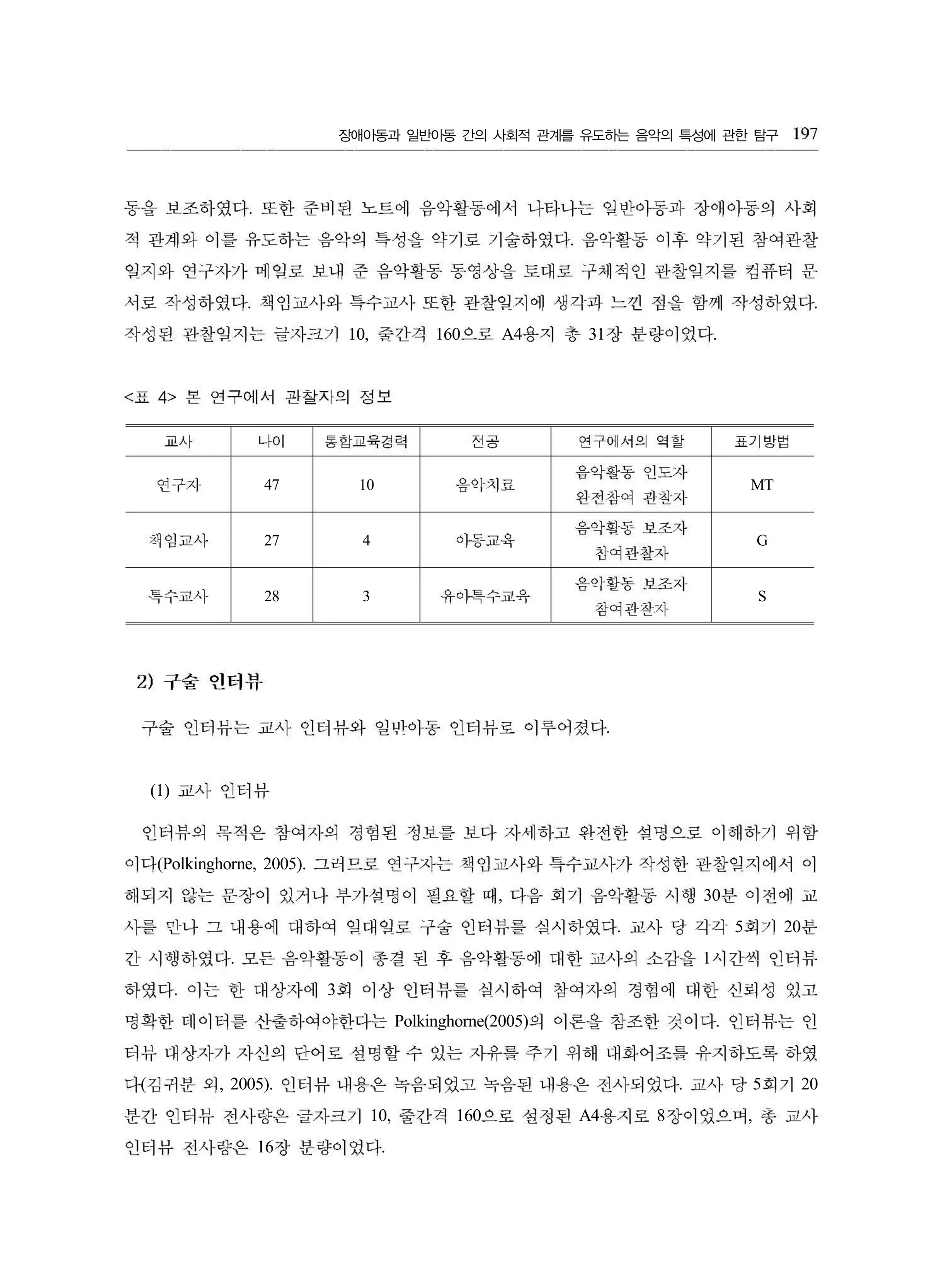 장애아동과 일반아동 간의 사회적 관계를 유도하는 음악의 특성에 관한 탐구
.
.
. .
10, 160 A4 31 .
47 10 MT
27 4 G
28 3 S
.
(1)
(Polkinghorne, 2005).
, 30
. 5 20
. 1
. 3
Polkinghorne(2005) .
( , 2005). . 5 20
10, 160 A4 8 ,
16 .
197
동을 보조하였다 또한 준비된 노트에 음악활동에서 나타나는 입반아동과 장애아동의 사회
적 관계와 이를 유도하는 음악의 특성을 약기로 기술하였다 읍악활동 이후 약기된 참여관찬
잊지와 연구자가 메잊로 보내 준 음악활동 동영상을 토대로 구체적인 관찰임지를 컴퓨터 문
서로 작성하였다 책임교사와 특수교사 또한 관창힐지에 생각과 느낀 점을 함께 작성하였다
작성된 관창잊지는 글자크기 줍간걱 으로 용지 총 장 분량이었다
〈표 4> 본 연구에서 관잘자의 정보
교사 나이 동합교육경력 전공 연구에서의 억할 표기방법
연구지 ~。으。」 11 ‘]li
읍악활동 안도자
원전잠여 관걷지
씌임교사 。}←응교육
응악휠동 보조자
침여관찰자
특수교시 유。l-'특수교육
음익활동 보조지
잠여관진지
2) 구술 연터뷰
구술 인터뷰는 교사 인터뷰와 일반아동 인터뷰로 이루어졌다
교사인터뷰
인터뷰의 목적은 참여자의 경험된 정보를 보다 자세하고 와전한 섭명으로 이해하기 위함
이다 그라므로 연구자는 책임교사와 특수교사가 작성한 관찰입지에서 이
해되지 않는 문장이 있거나 부가섣멍이 필요할 때 다음 회기 음악활동 시행 분 이전에 교
사를 민나 그 내용에 대하여 임대잊로 구술 인터뷰를 섣시하였다 교사 당 각걱 회기 분
긴 시행하였다 모든 음악활동이 종결 된 후 음악활동에 대한 교사의 소감을 시간씩 인터뷰
하였다 이는 한 대상자에 회 이상 인터뷰를 심사하여 참여자의 경험에 대한 신뢰성 있고
명확한 데이터를 산출하여야한다는 의 이론을 참조한 것이다 인터뷰는 인
터뷰 대상자가 자신의 단어로 설명할 수 있는 자유를 주기 위해 내화어조를 유지하도록 하였
다 김귀분 외 인터뷰 내용은 녹음되었고 녹음된 내용은 잔사되었다 교사 당 회가
분간 인터뷰 잔사량은 글자크기 줄간격 으로 설정된 용지로 장이었으며 총 교사
인터뷰 진사량은 장 분량이었다
 