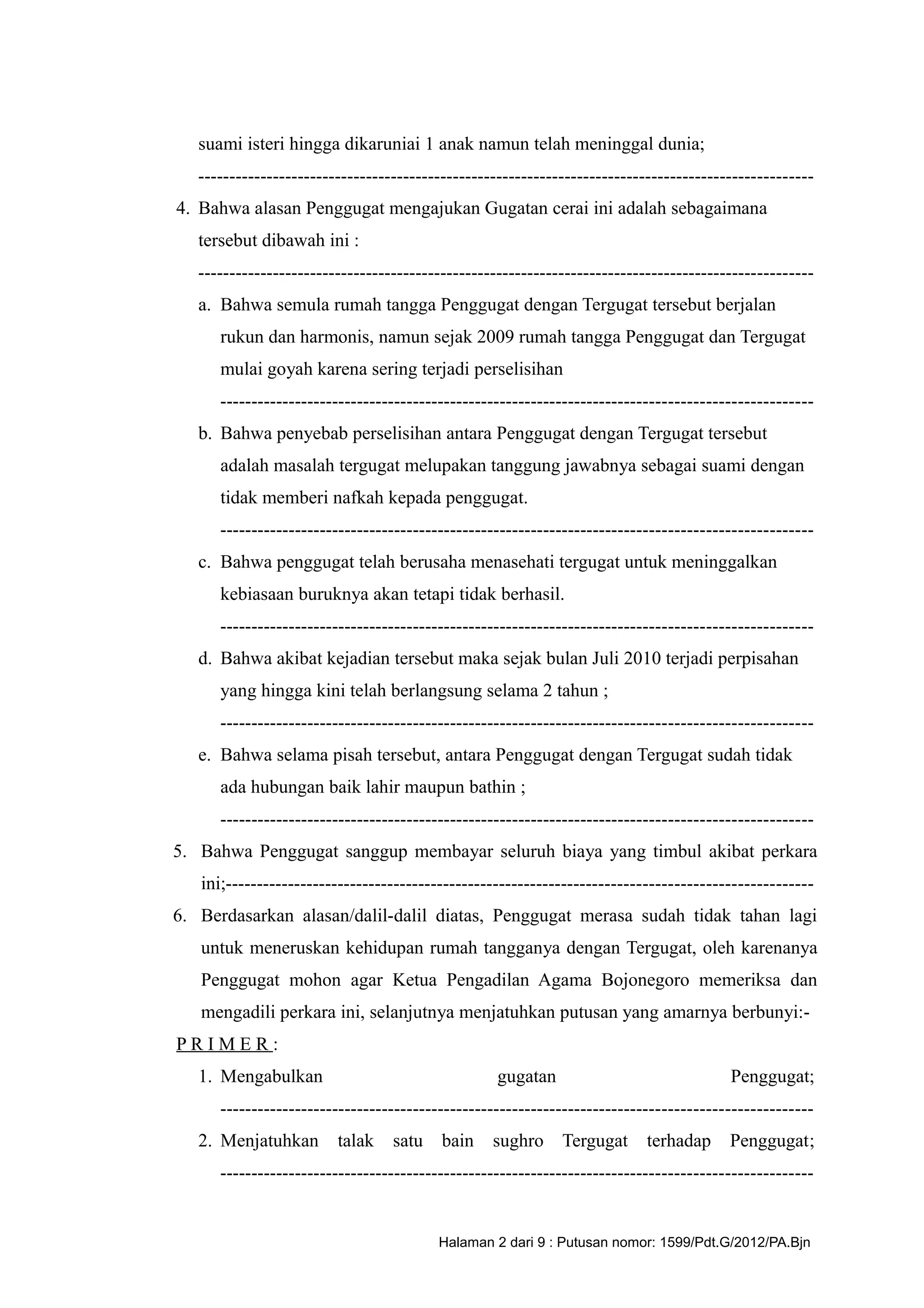 Gugat Contoh putusan gugat cerai | RTF