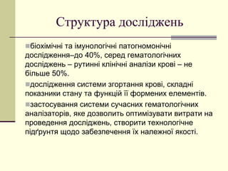 Структура досліджень
біохімічні та імунологічні патогномонічні
дослідження–до 40%, серед гематологічних
досліджень – рутинні клінічні аналізи крові – не
більше 50%.
дослідження системи згортання крові, складні
показники стану та функцій її формених елементів.
застосування системи сучасних гематологічних
аналізаторів, яке дозволить оптимізувати витрати на
проведення досліджень, створити технологічне
підґрунтя щодо забезпечення їх належної якості.
 