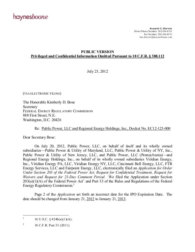 2012 07 23 Letter To Ferc Detailing Acquisition