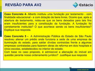 REVISÃO PARA AV2

Caso Concreto 4- Alberto instituiu uma fundação por testamento - com
finalidade educacional - e com dotação de bens livres. Ocorre que, após a
abertura do testamento, notou-se que os bens deixados para tais fins
eram insuficientes para a constituição da fundação. A fundação foi
corretamente instituída? O que acontece sendo os bens insuficientes?
Explique sua resposta.

Caso Concreto 5 - A Administração Pública do Estado de São Paulo
resolveu alienar um prédio onde funciona a sede de uma empresa de
iluminação do estado, para saldar dívidas contraídas frente a algumas
empresas contratadas para fazerem obras de reforma em dois hospitais e
cinco escolas, estabelecidos no interior do estado.
Com base no caso proposto, é admissível a alienação do imóvel em
questão perante nosso ordenamento jurídico? Justifique sua resposta



                                                      38
 