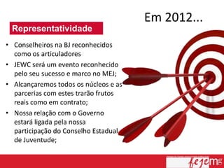 Em 2012...
 Representatividade
• Conselheiros na BJ reconhecidos
  como os articuladores
• JEWC será um evento reconhecido
  pelo seu sucesso e marco no MEJ;
• Alcançaremos todos os núcleos e as
  parcerias com estes trarão frutos
  reais como em contrato;
• Nossa relação com o Governo
  estará ligada pela nossa
  participação do Conselho Estadual
  de Juventude;

                                                    16
 