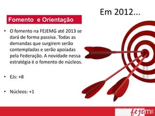 Em 2012...
 Fomento e Orientação
• O fomento na FEJEMG até 2013 se
  dará de forma passiva. Todas as
  demandas que surgirem serão
  contempladas e serão apoiadas
  pela Federação. A novidade nessa
  estratégia é o fomento de núcleos.

• EJs: +8

• Núcleos: +1


                                                    18
 