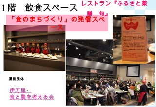 1 階　飲食スペース 「食のまちづくり」の発信スペース レストラン『ふるさと薬膳　旬』　　　　　　 伊万里・ 食と農を考える会 運営団体　　 