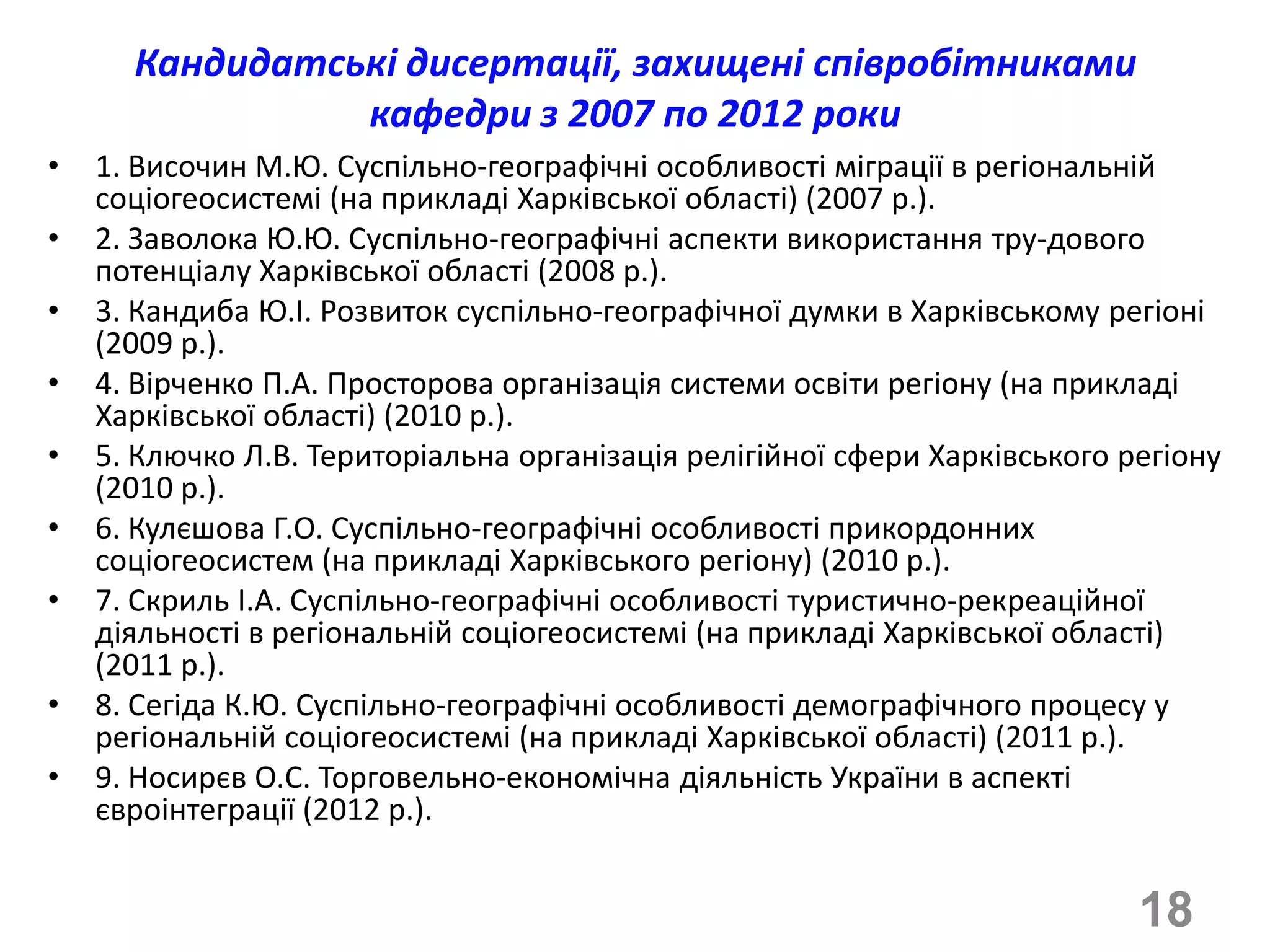 Кандидатські дисертації, захищені співробітниками
                кафедри з 2007 по 2012 роки
•   1. Височин М.Ю. Суспільно-географічні особливості міграції в регіональній
    соціогеосистемі (на прикладі Харківської області) (2007 р.).
•   2. Заволока Ю.Ю. Суспільно-географічні аспекти використання тру­дового
    потенціалу Харківської області (2008 р.).
•   3. Кандиба Ю.І. Розвиток суспільно-географічної думки в Харківському регіоні
    (2009 р.).
•   4. Вірченко П.А. Просторова організація системи освіти регіону (на прикладі
    Харківської області) (2010 р.).
•   5. Ключко Л.В. Територіальна організація релігійної сфери Харківського регіону
    (2010 р.).
•   6. Кулєшова Г.О. Суспільно-географічні особливості прикордонних
    соціогеосистем (на прикладі Харківського регіону) (2010 р.).
•   7. Скриль І.А. Суспільно-географічні особливості туристично-рекреаційної
    діяльності в регіональній соціогеосистемі (на прикладі Харківської області)
    (2011 р.).
•   8. Сегіда К.Ю. Суспільно-географічні особливості демографічного процесу у
    регіональній соціогеосистемі (на прикладі Харківської області) (2011 р.).
•   9. Носирєв О.С. Торговельно-економічна діяльність України в аспекті
    євроінтеграції (2012 р.).


                                                                            18
 