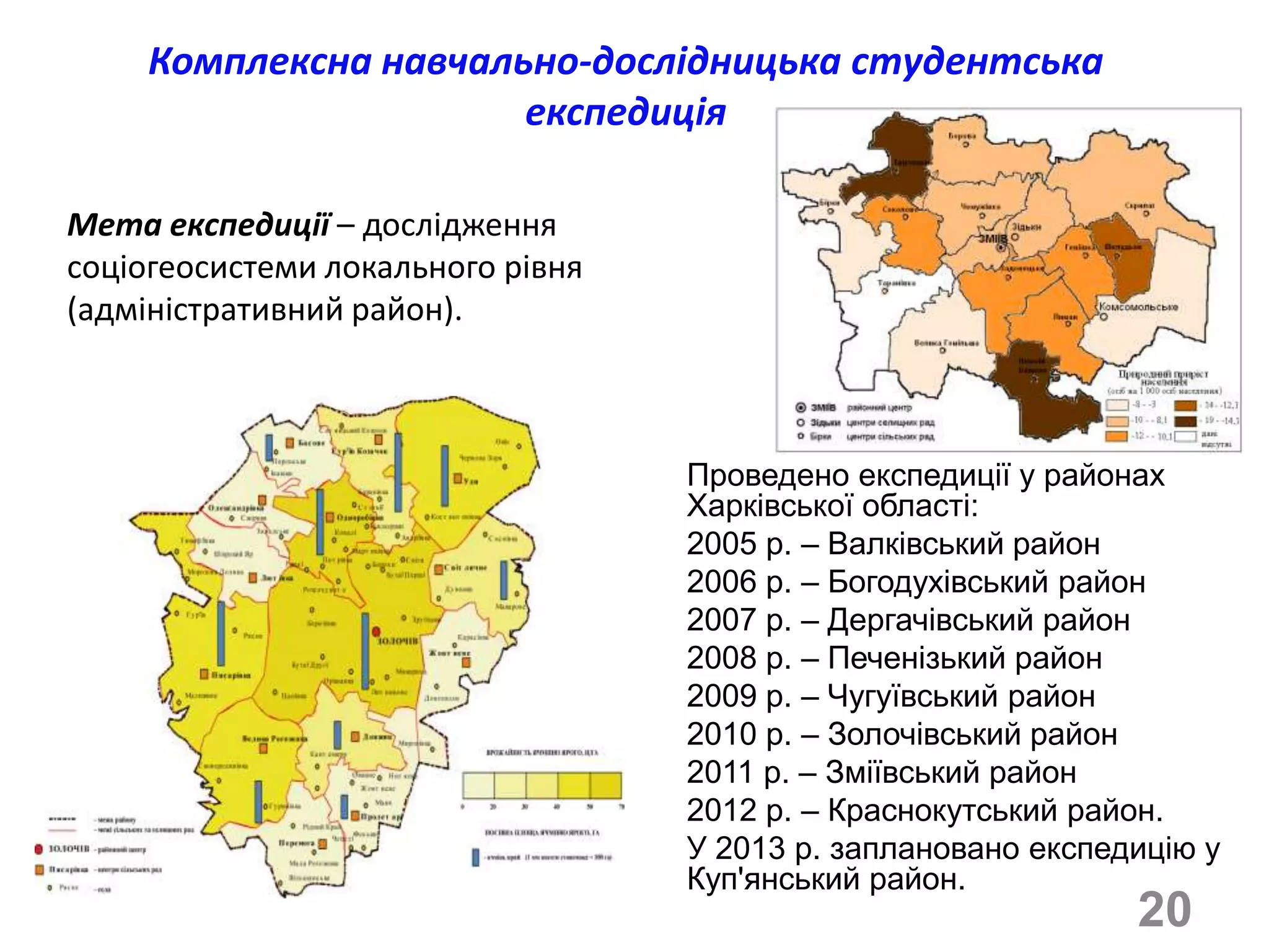 Комплексна навчально-дослідницька студентська
                       експедиція

Мета експедиції – дослідження
соціогеосистеми локального рівня
(адміністративний район).



                                   Проведено експедиції у районах
                                   Харківської області:
                                   2005 р. – Валківський район
                                   2006 р. – Богодухівський район
                                   2007 р. – Дергачівський район
                                   2008 р. – Печенізький район
                                   2009 р. – Чугуївський район
                                   2010 р. – Золочівський район
                                   2011 р. – Зміївський район
                                   2012 р. – Краснокутський район.
                                   У 2013 р. заплановано експедицію у
                                   Куп'янський район.
                                                               20
 