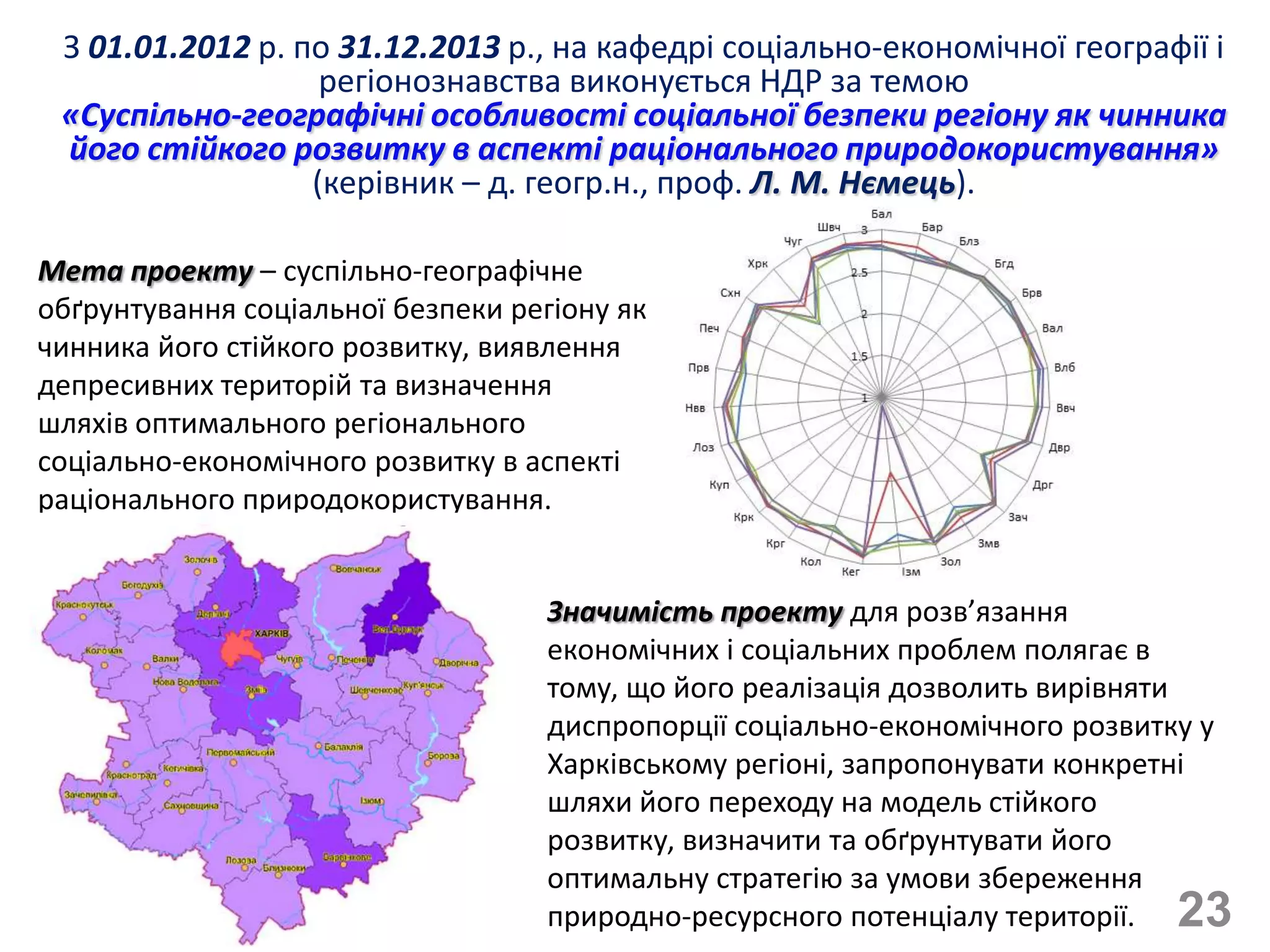 З 01.01.2012 р. по 31.12.2013 р., на кафедрі соціально-економічної географії і
                   регіонознавства виконується НДР за темою
 «Суспільно-географічні особливості соціальної безпеки регіону як чинника
 його стійкого розвитку в аспекті раціонального природокористування»
                  (керівник – д. геогр.н., проф. Л. М. Нємець).

Мета проекту – суспільно-географічне
обґрунтування соціальної безпеки регіону як
чинника його стійкого розвитку, виявлення
депресивних територій та визначення
шляхів оптимального регіонального
соціально-економічного розвитку в аспекті
раціонального природокористування.


                                   Значимість проекту для розв’язання
                                   економічних і соціальних проблем полягає в
                                   тому, що його реалізація дозволить вирівняти
                                   диспропорції соціально-економічного розвитку у
                                   Харківському регіоні, запропонувати конкретні
                                   шляхи його переходу на модель стійкого
                                   розвитку, визначити та обґрунтувати його
                                   оптимальну стратегію за умови збереження
                                   природно-ресурсного потенціалу території. 23
 