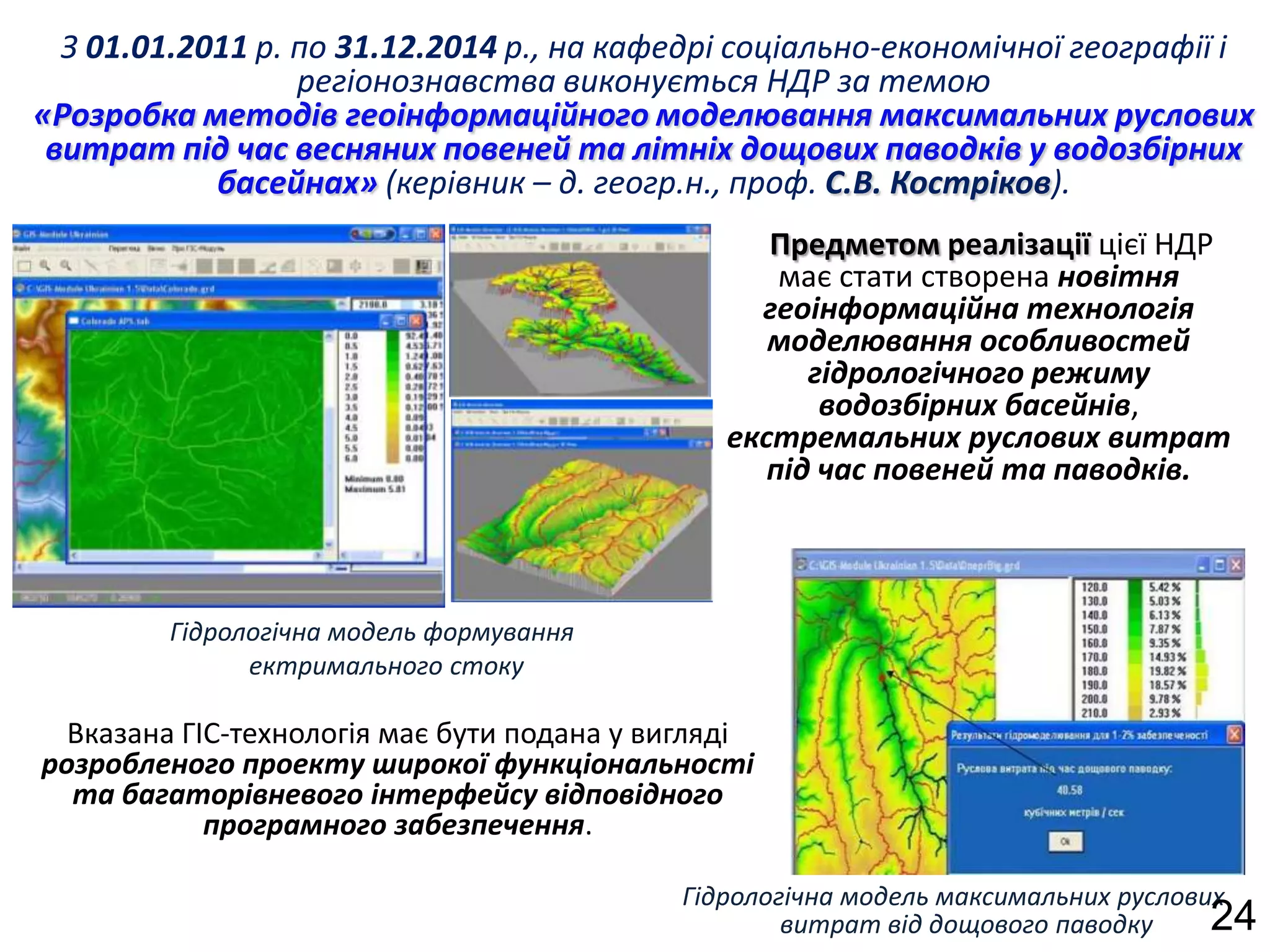 З 01.01.2011 р. по 31.12.2014 р., на кафедрі соціально-економічної географії і
                  регіонознавства виконується НДР за темою
«Розробка методів геоінформаційного моделювання максимальних руслових
 витрат під час весняних повеней та літніх дощових паводків у водозбірних
            басейнах» (керівник – д. геогр.н., проф. С.В. Костріков).
                                                   Предметом реалізації цієї НДР
                                                    має стати створена новітня
                                                  геоінформаційна технологія
                                                   моделювання особливостей
                                                      гідрологічного режиму
                                                       водозбірних басейнів,
                                                екстремальних руслових витрат
                                                   під час повеней та паводків.



         Гідрологічна модель формування
               ектримального стоку

  Вказана ГІС-технологія має бути подана у вигляді
розробленого проекту широкої функціональності
  та багаторівневого інтерфейсу відповідного
            програмного забезпечення.

                                            Гідрологічна модель максимальних руслових
                                                    витрат від дощового паводку     24
 