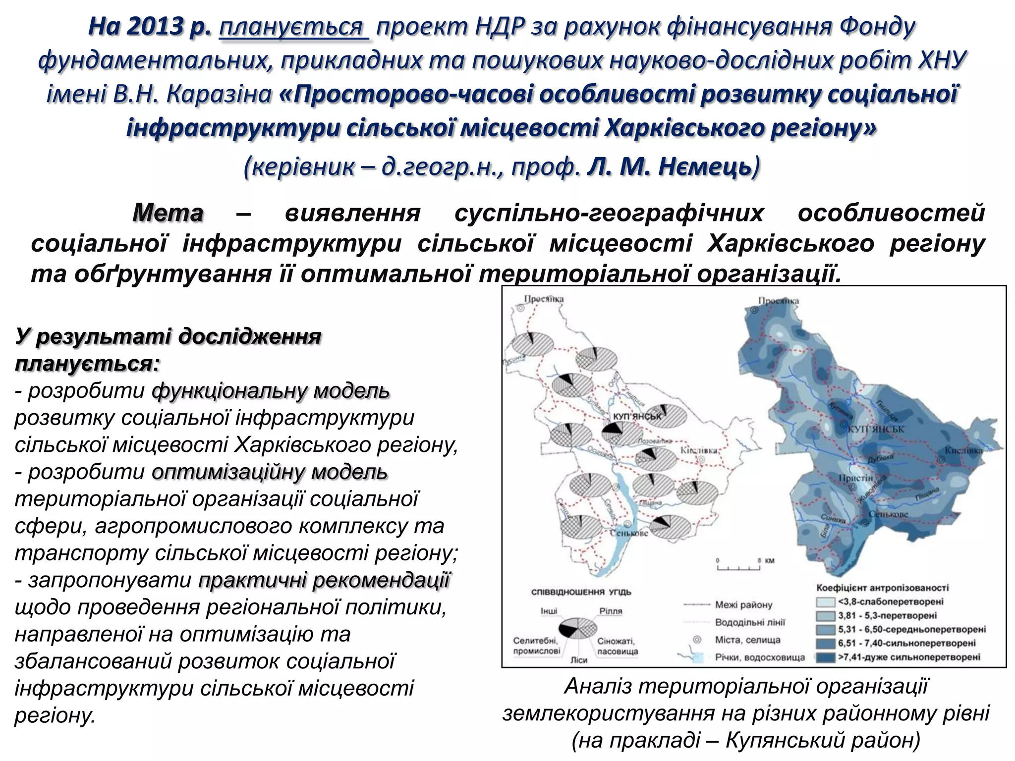 На 2013 р. планується проект НДР за рахунок фінансування Фонду
  фундаментальних, прикладних та пошукових науково-дослідних робіт ХНУ
  імені В.Н. Каразіна «Просторово-часові особливості розвитку соціальної
         інфраструктури сільської місцевості Харківського регіону»
                   (керівник – д.геогр.н., проф. Л. М. Нємець)
        Мета – виявлення суспільно-географічних особливостей
 соціальної інфраструктури сільської місцевості Харківського регіону
 та обґрунтування її оптимальної територіальної організації.

У результаті дослідження
планується:
- розробити функціональну модель
розвитку соціальної інфраструктури
сільської місцевості Харківського регіону,
- розробити оптимізаційну модель
територіальної організації соціальної
сфери, агропромислового комплексу та
транспорту сільської місцевості регіону;
- запропонувати практичні рекомендації
щодо проведення регіональної політики,
направленої на оптимізацію та
збалансований розвиток соціальної
інфраструктури сільської місцевості                Аналіз територіальної організації
                                                   Аналіз територіальної структури
регіону.                                     землекористування на різних районному рівні
                                               сільськогосподарських угідь на районному
                                                   (на пракладі – Купянський район)
                                                 рівні (на прикладі – Чугуївський район)
 