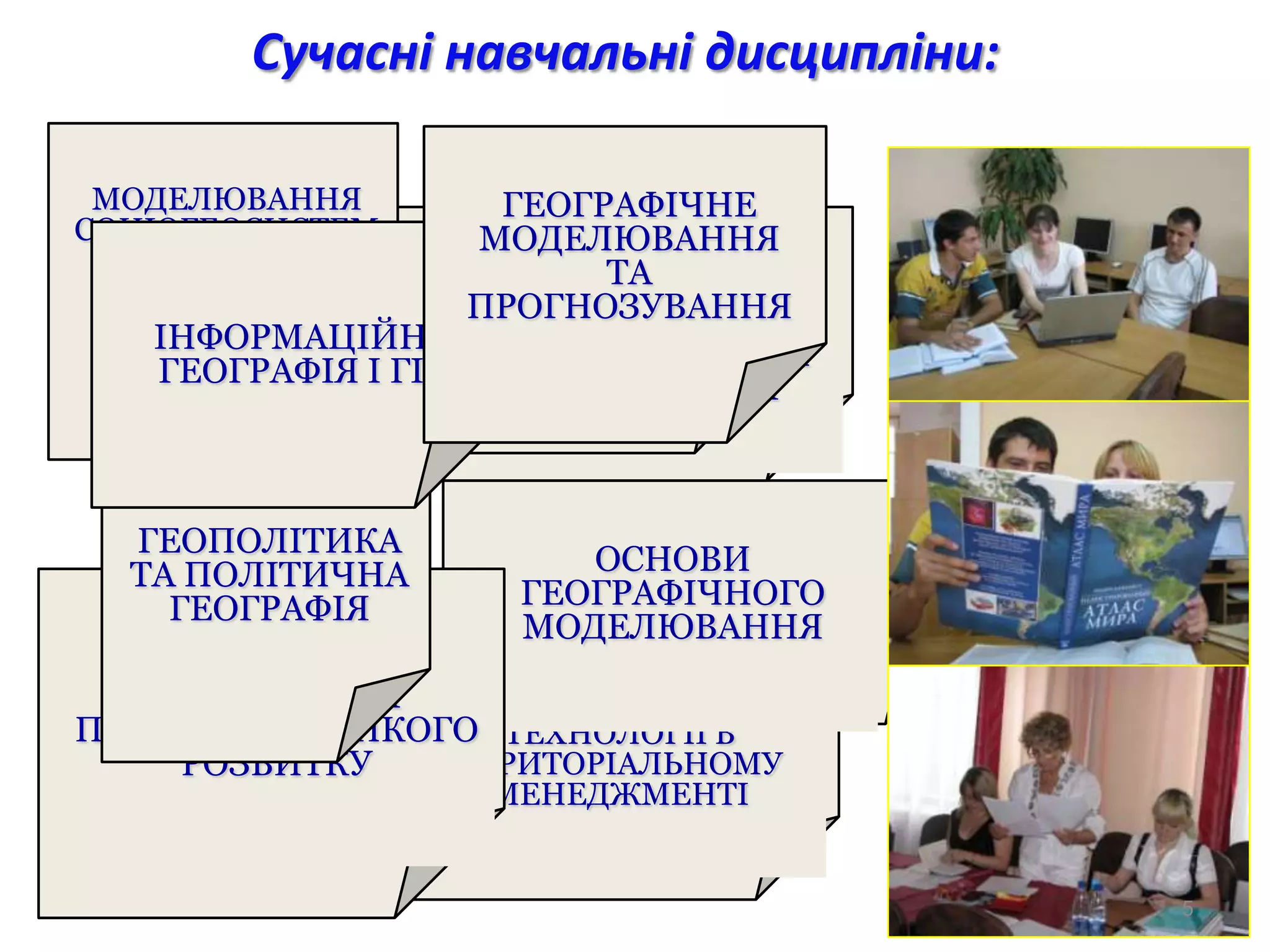 Сучасні навчальні дисципліни:

 МОДЕЛЮВАННЯ        ГЕОГРАФІЧНЕ
СОЦІОГЕОСИСТЕМ       ЗАРУБІЖНІ
                   МОДЕЛЮВАННЯ
                       ТЕОРІЇ
                          ТА
                    СУСПІЛЬНОЇ
                   ПРОГНОЗУВАННЯ
                    СТАТИСТИЧНІ
                     ГЕОГРАФІЇ
   ІНФОРМАЦІЙНАМЕТОДИ І ОБРОБКА
   ГЕОГРАФІЯ І ГІС ГЕОІНФОРМАЦІЇ



  ГЕОПОЛІТИКА
  ТА ПОЛІТИЧНА        ОСНОВИ
    ГЕОГРАФІЯ      ГЕОГРАФІЧНОГО
                   МОДЕЛЮВАННЯ
   РЕГІОНАЛЬНІ   ІНФОРМАЦІЙНІ
ПРОБЛЕМИ СТІЙКОГО ТЕХНОЛОГІЇ В
    РОЗВИТКУ    ТЕРИТОРІАЛЬНОМУ
                  МЕНЕДЖМЕНТІ


                                        5
 